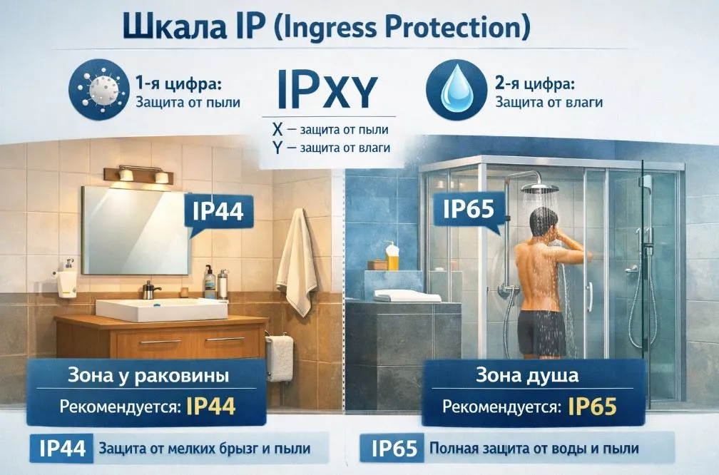 Инфографика классов защиты IP для светильников в ванной комнате.